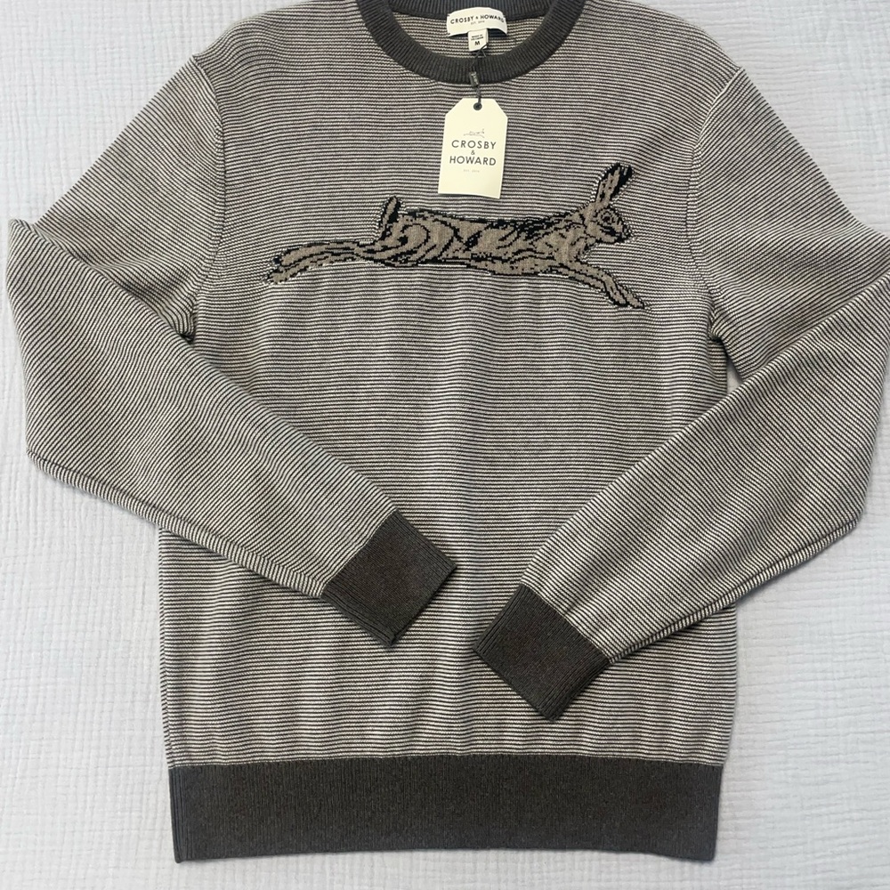 Crosby & Howard gray brown striped rabbit applique wool blend sweater NWT Med.